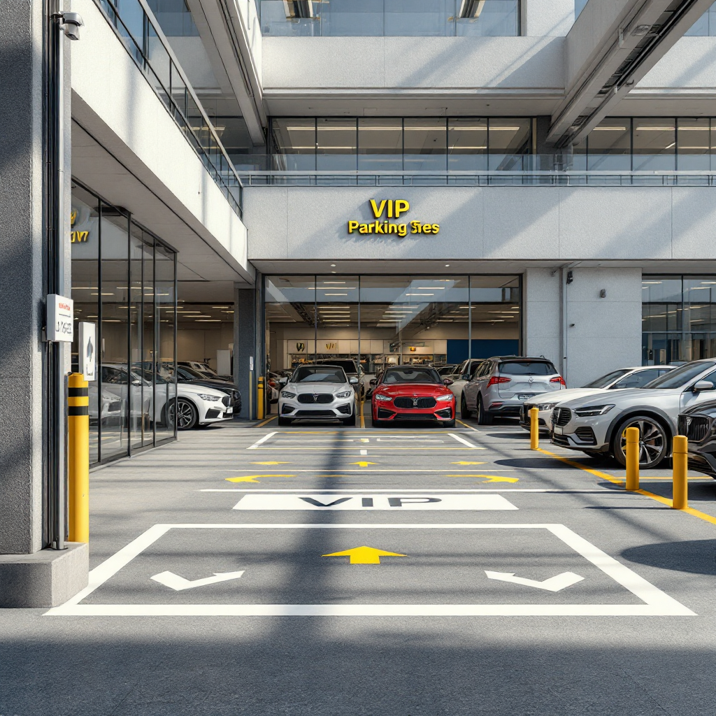 Retail store parking area with marked VIP bays, clear directional signage, and cars parked neatly, overhead camera visible on pole, no text or numbers