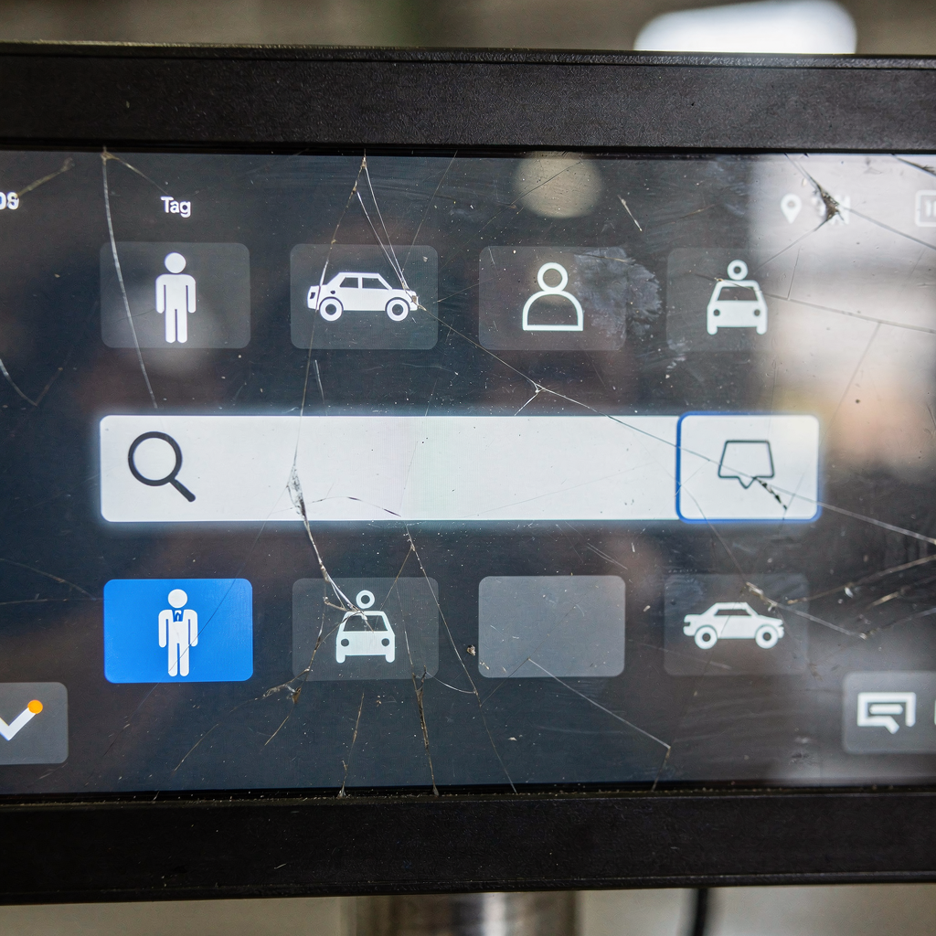 Search bar on video management console Close-up of a modern search bar on a security console with icons for tags like person and vehicle, ambient lighting, hands not visible, no text