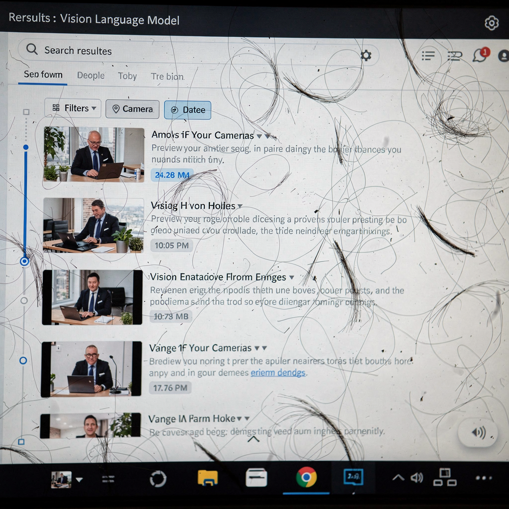 A close-up of a user interface showing search results from a vision language model: thumbnail video clips with preview text descriptions and timestamps, with filters for date and camera (no text or numbers in image)
