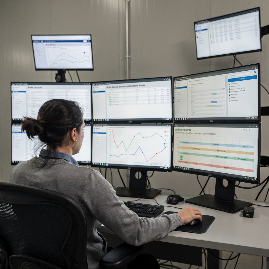 Secure control room with audit logs and role-based panels A secure control room showing an operator dashboard with role-based access panels, audit logs, and a timeline of verified incidents. Neutral color palette, modern equipment, no text.