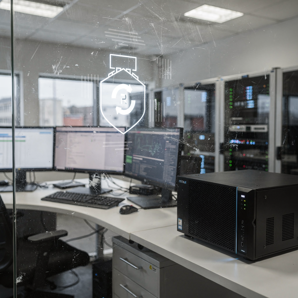 Secure on-prem AI control center A secure control center environment showing encryption iconography, server racks, and an on-prem AI appliance near monitors; no text