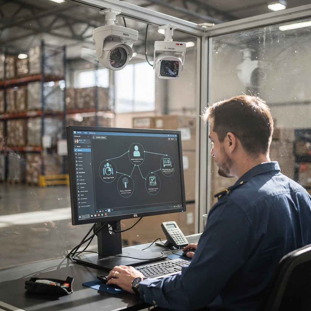 A security checkpoint showing cameras, a guard reviewing an intelligent dashboard with object and person annotations, soft natural light, no text or numbers