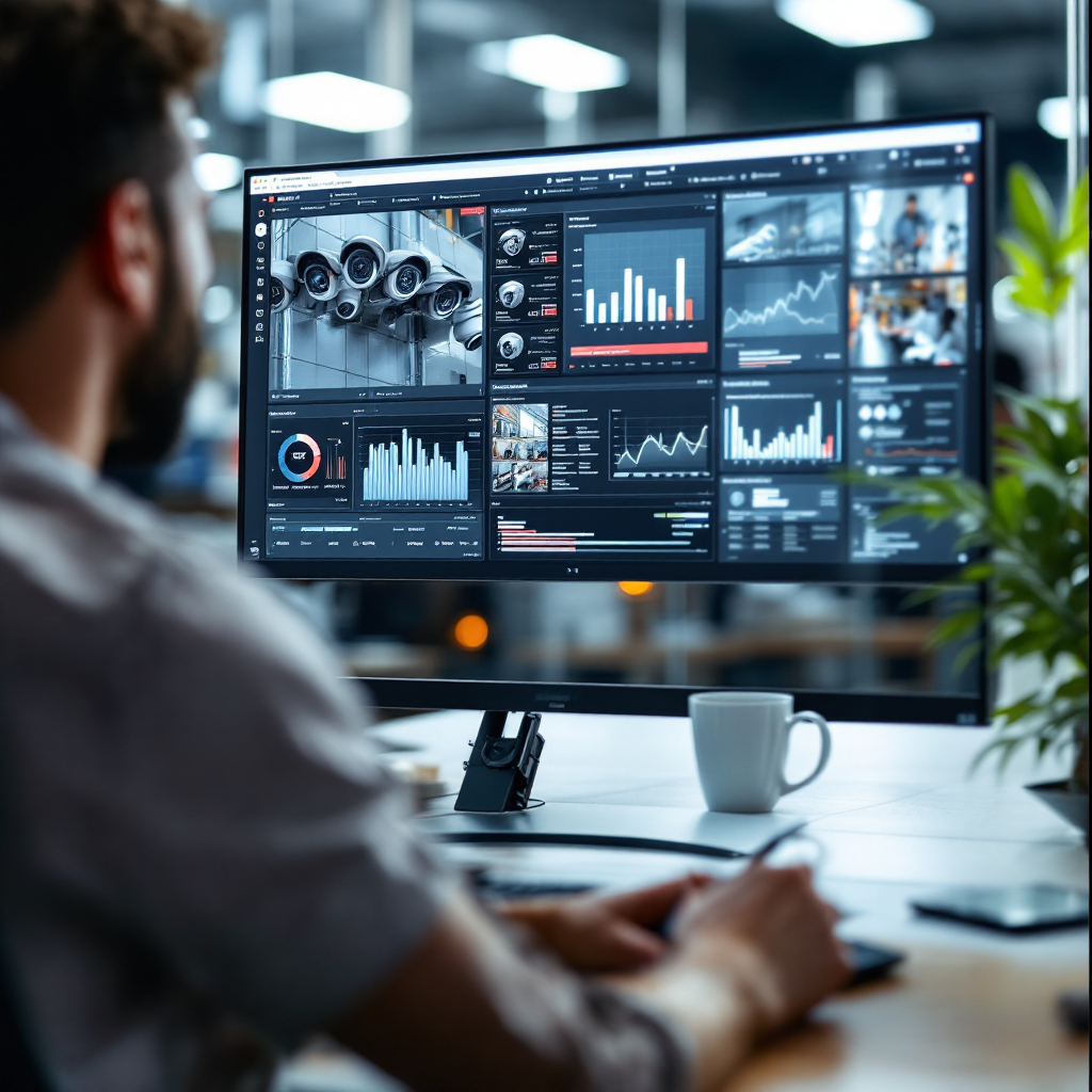 Beveiligingsoperatiecentrum met live camerabeelden en analytics-dashboard Beveiligingsoperatiecentrum met live camerabeelden en analytics-dashboard