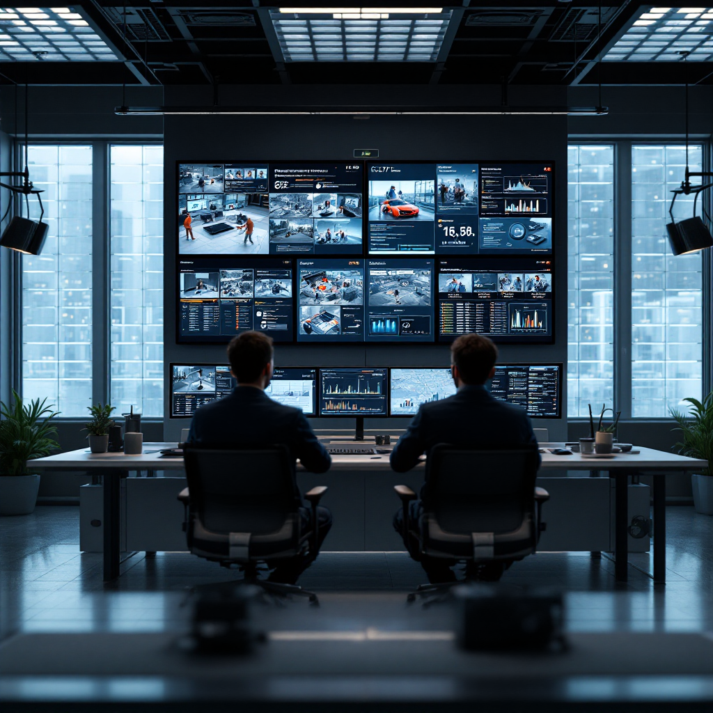 Beveiligingscentrum met meerdere CCTV-feeds en een meldingsdashboard