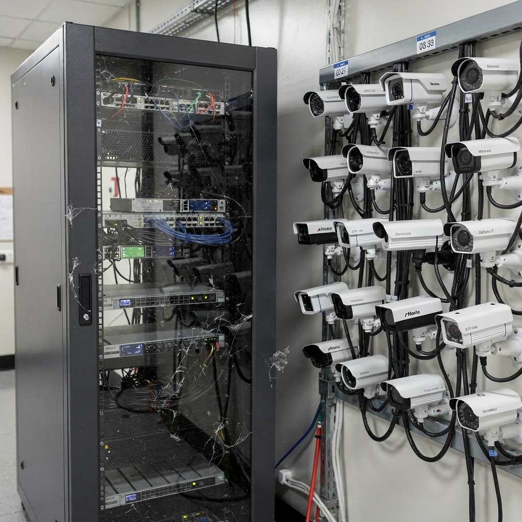 Server rack with edge devices and multiple cameras A modern server rack and edge devices beside a wall of security cameras mounted indoors in a data centre-like environment. Clean cables and lighting, no logos or text.
