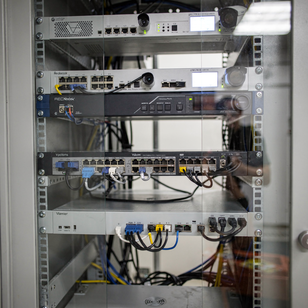 A rack of network appliances and cameras in a secure server room, showing cabling and devices, no text or numbers in image
