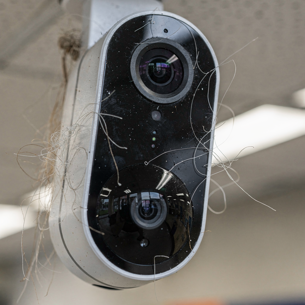 Close-up of a modern smart security camera mounted in an indoor public space with visible lens and sensor array, neutral background, no text
