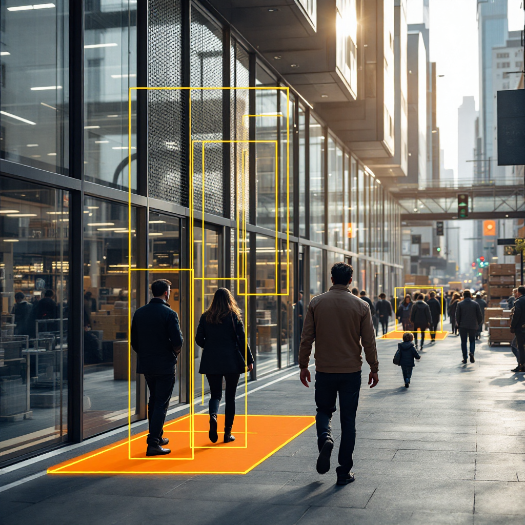 Scène de rue moderne avec superpositions analytiques sur piétons et véhicules