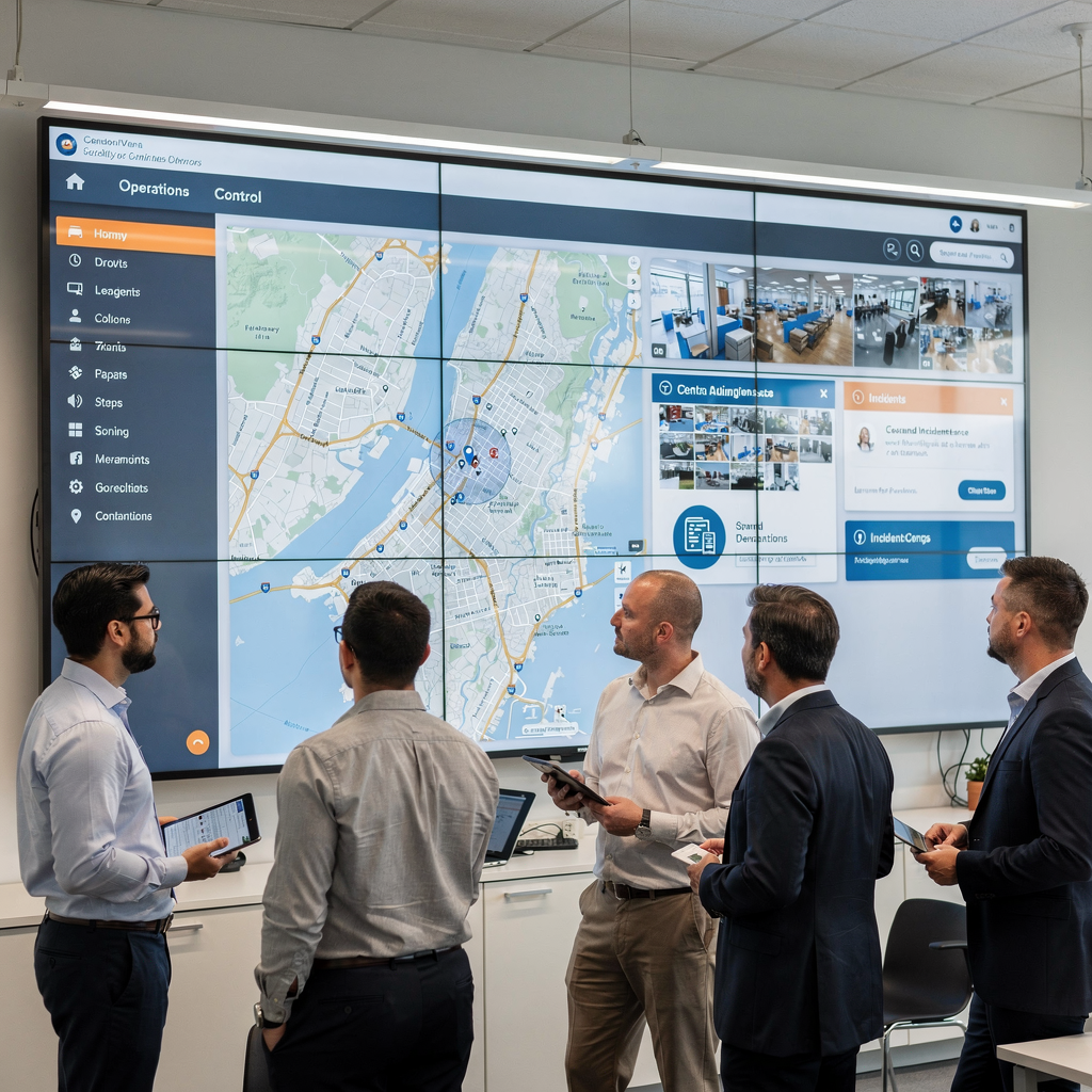 A modern, centralized operations control dashboard on a large wall display showing maps, camera thumbnails, and incident cards, with diverse team members discussing in front of it, bright office space, no text or numbers