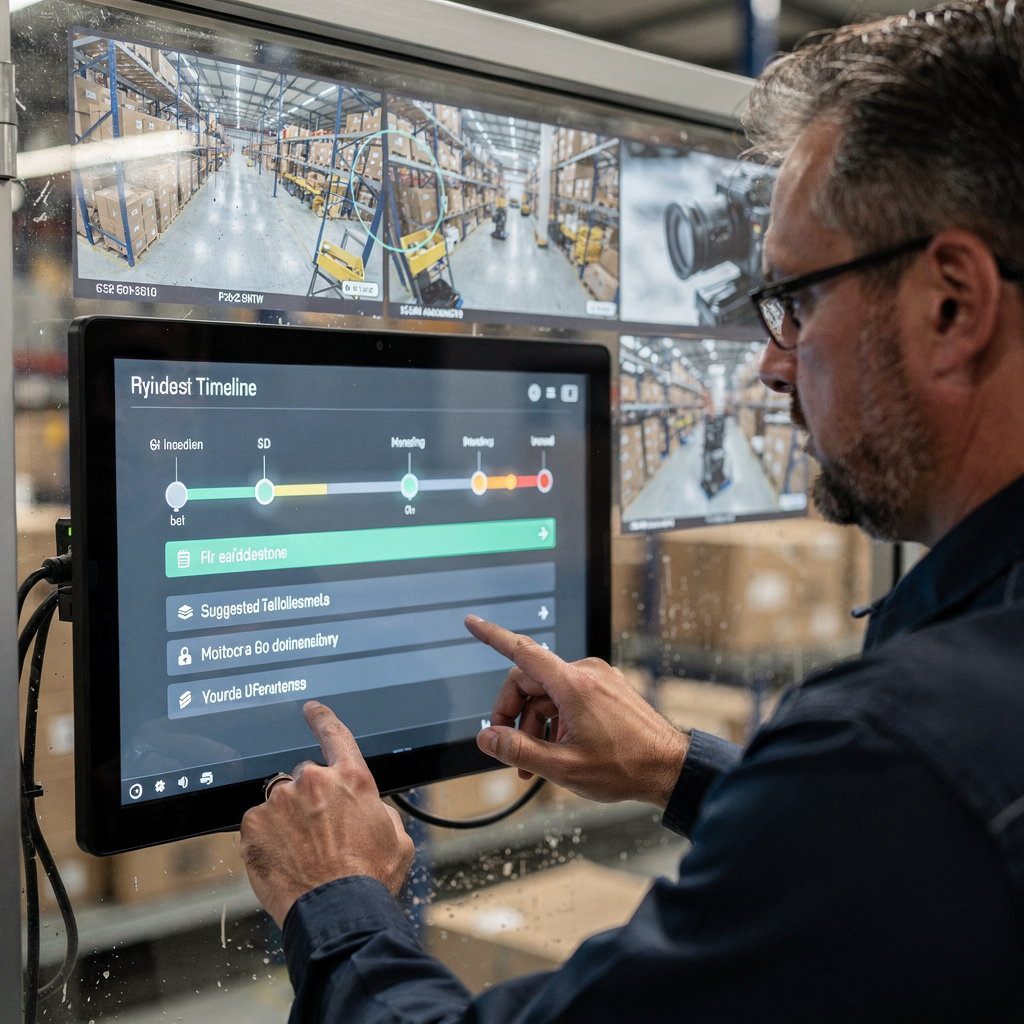 Technician reviewing AI incident timeline A close-up view of a technician interacting with a touchscreen that shows an AI-driven incident timeline and suggested actions, with camera feeds in the background