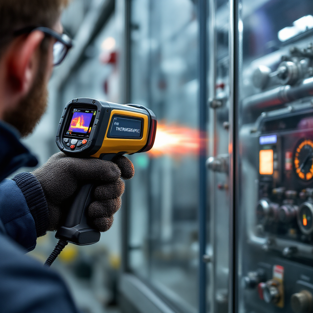 Tecnico che utilizza una telecamera termografica su una pompa