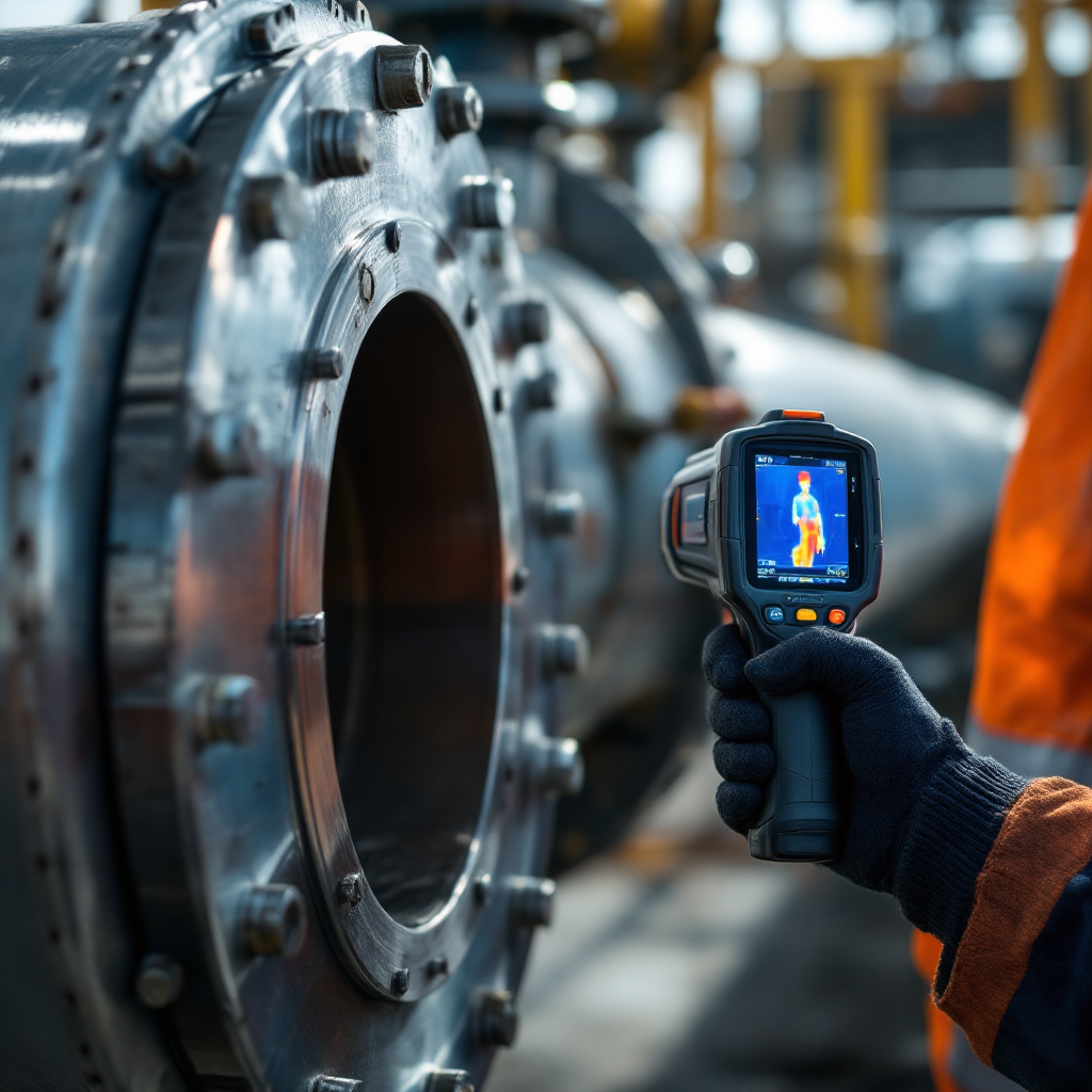 Monteur die een draagbare thermische camera gebruikt op een flens van een pijpleiding Monteur die een draagbare thermische camera gebruikt op een flens van een pijpleiding