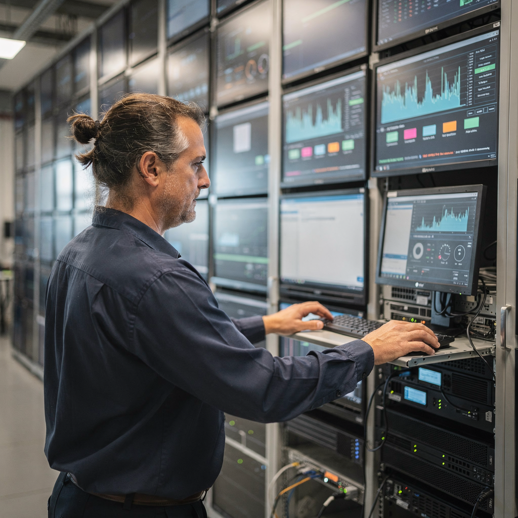 Technician with on-prem AI appliance and monitors