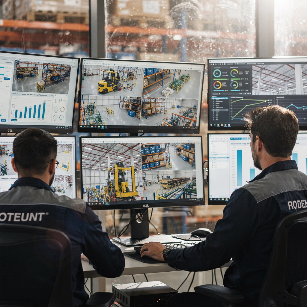 Technicians and control room staff reviewing predictive maintenance dashboards with highlighted camera feeds and system health indicators on multiple screens