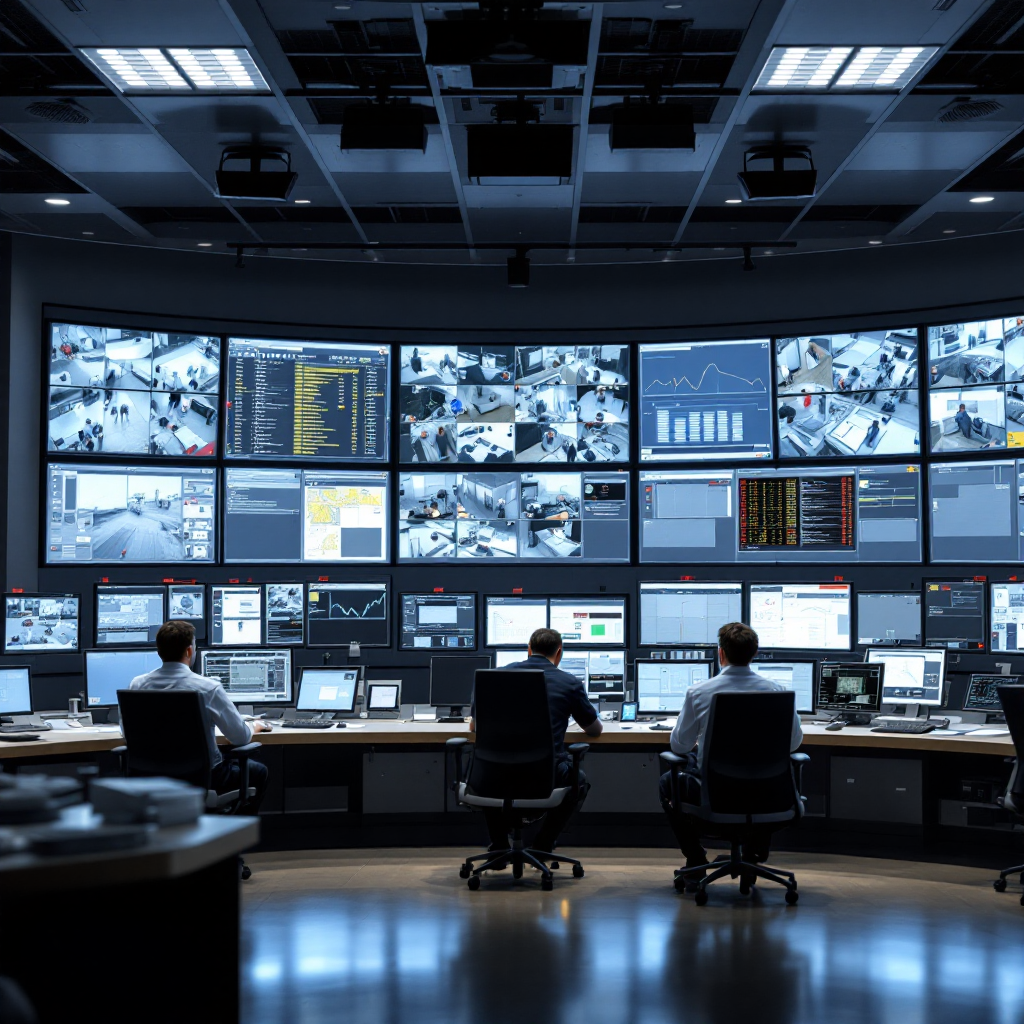 Controleruimte van terminal met CCTV-beeldschermen en alarmpanelen