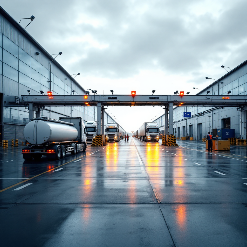 Terminalpoort met vrachtwagens en scanners
