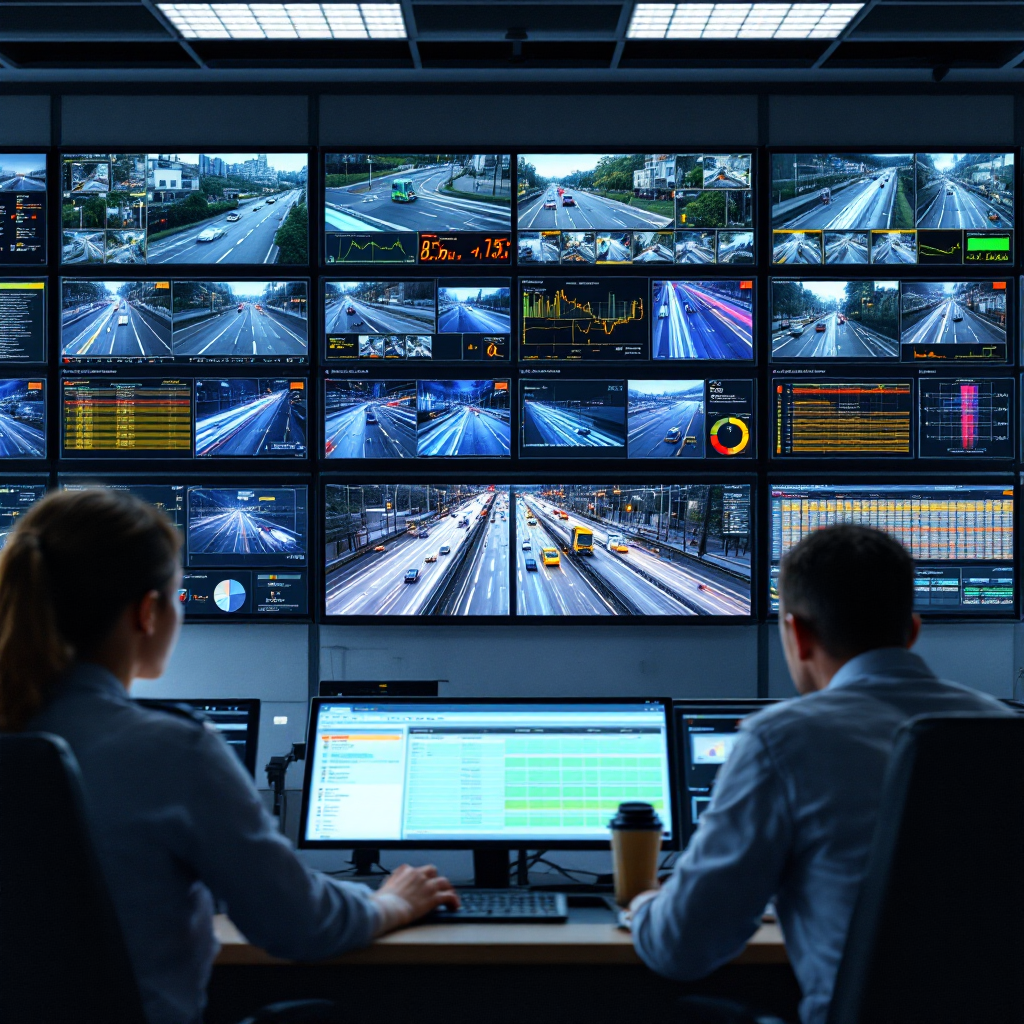 Centre de contrôle du trafic avec tableaux de bord et alertes