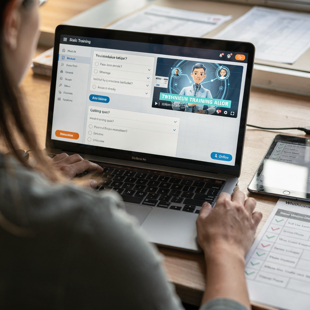A clean training interface on a laptop screen showing a module list, an interactive quiz, and a preview of a training video with an AI avatar instructor, surrounded by printed checklists and a tablet