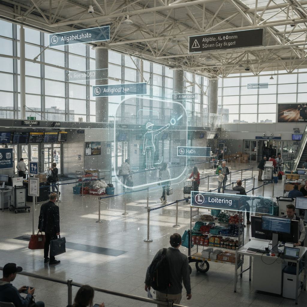 Druk vervoersknooppunt met AI-gebeurtenisoverlays