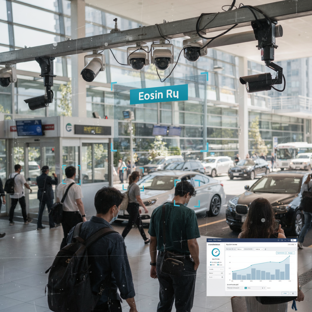 Busy transit hub with overhead cameras, visual overlays showing bounding boxes for people and vehicles, analytics dashboard inset, daytime scene with no distress