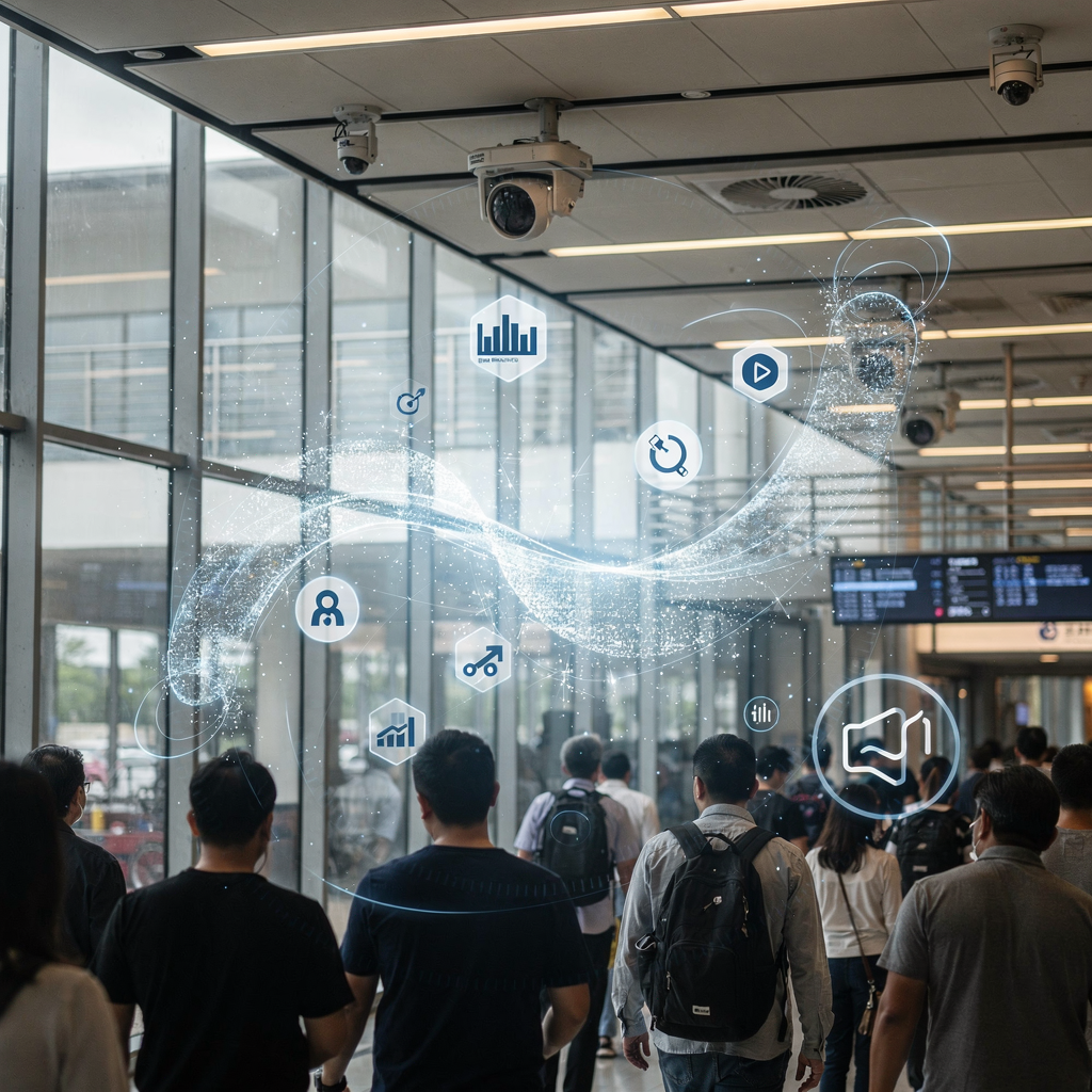 Busy transit hub with cameras mounted on ceilings and a digital overlay of non-intrusive analytics icons showing crowd density and flow; no text or numbers