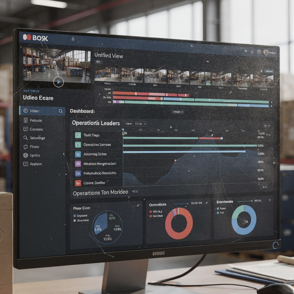 An executive dashboard showing a unified view with video thumbnail timelines, event lists, and KPI widgets for operations leaders, no text or numbers