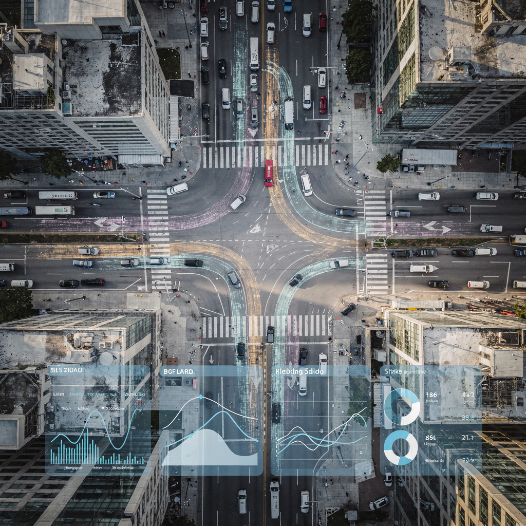 An aerial view of a busy urban intersection with stylized, non-identifiable overlays indicating lanes, vehicle flow and analytics summaries, no text or numbers