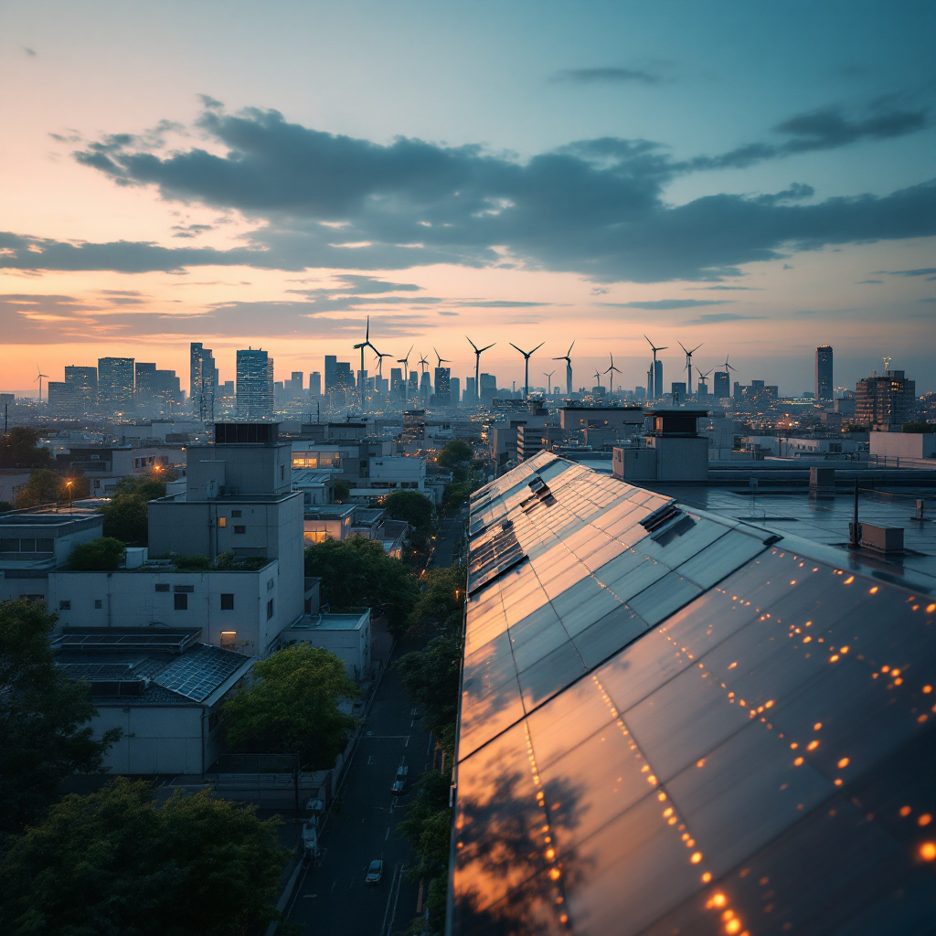 Horizonte urbano com energia renovável distribuída e sobreposições de rede inteligente