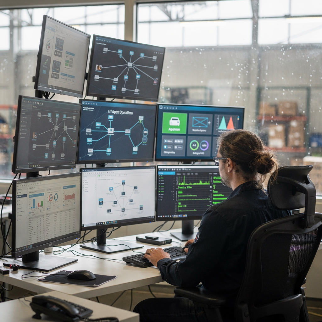 Utility operations center with AI agent dashboards A utility operations center showing network topology on screens, with AI agent status panels and an operator reviewing alerts, no text or numbers