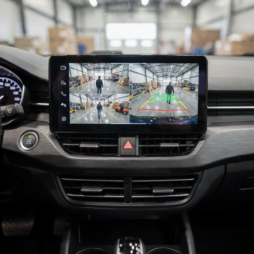 A modern smart vehicle dashboard showing multiple camera feeds with semantic overlays highlighting pedestrians and obstacles, clean design, no text