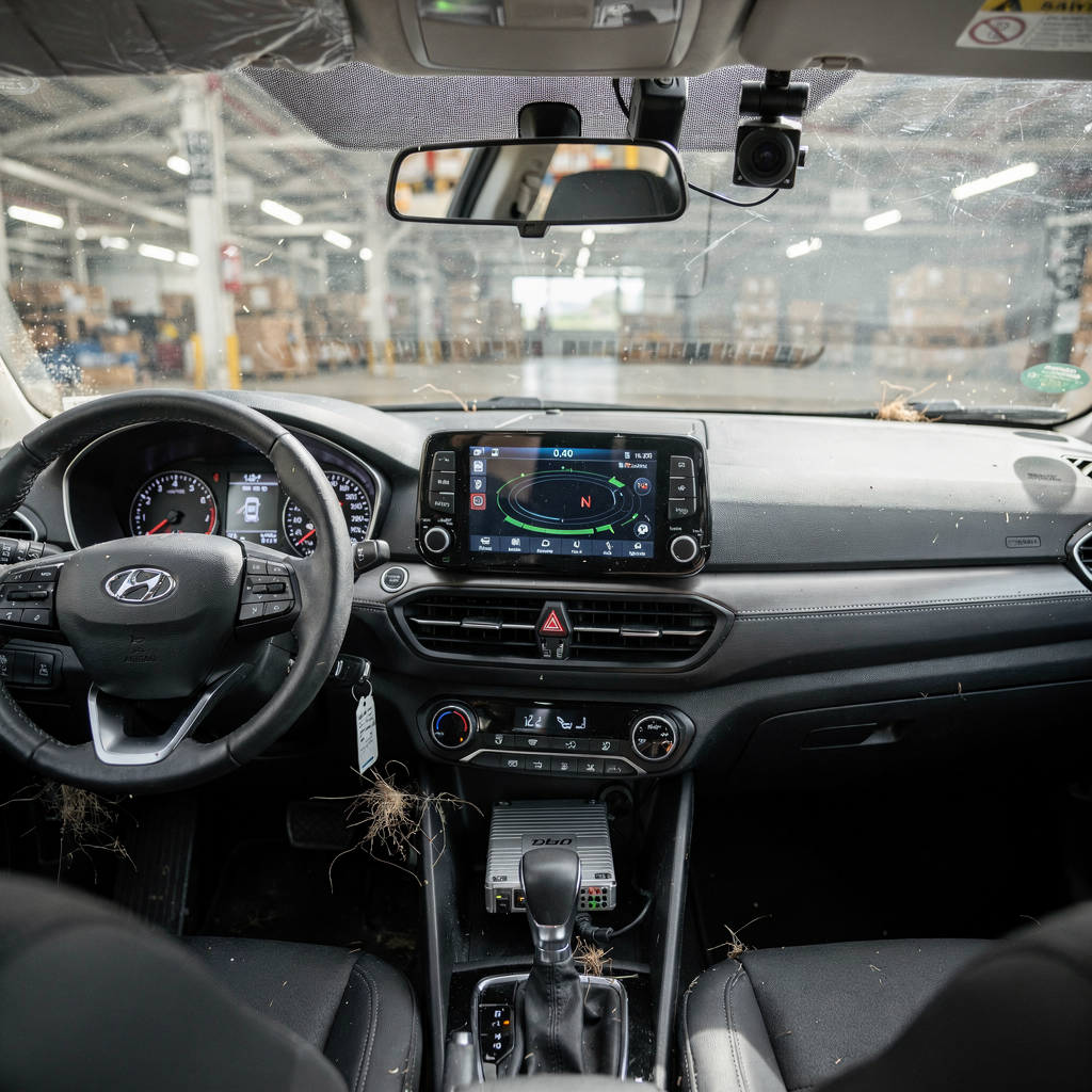 Interno di un veicolo con display di assistenza alla guida e sensori Interno di un veicolo con display di assistenza alla guida e sensori