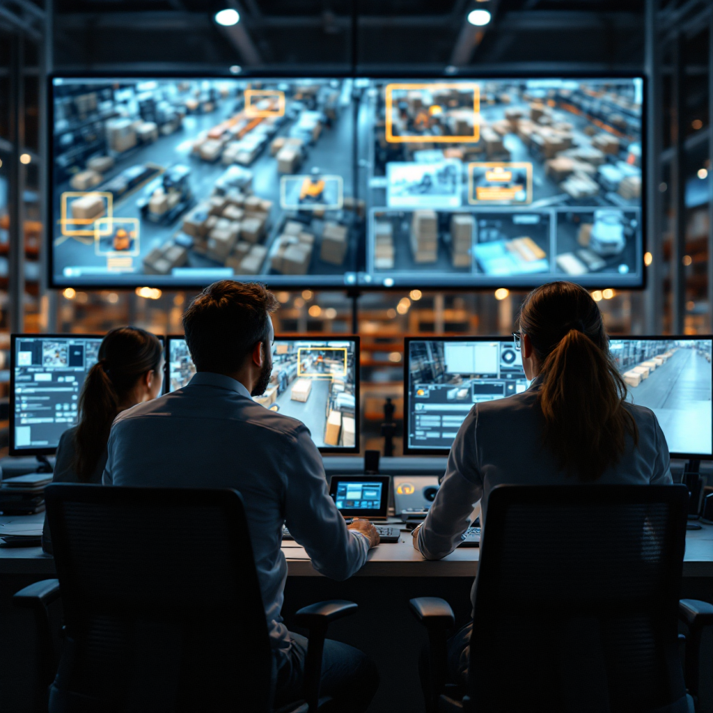 Pomieszczenie kontrolne magazynu z ekranami analityki wideo Pomieszczenie kontrolne magazynu z ekranami analityki wideo