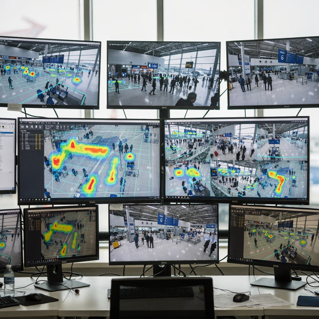 Airport operations center with heatmaps An airport security operations center with monitors showing people flow heatmaps and detector overlays on terminal footage, no visible people faces