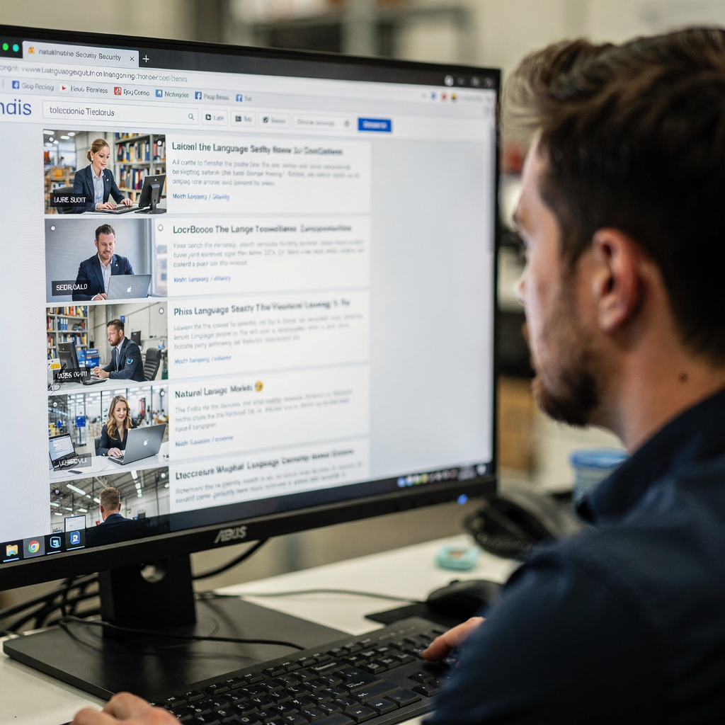 Close-up of a security analyst using natural language search on a workstation, video thumbnails and textual descriptions visible on screen, no text or logos