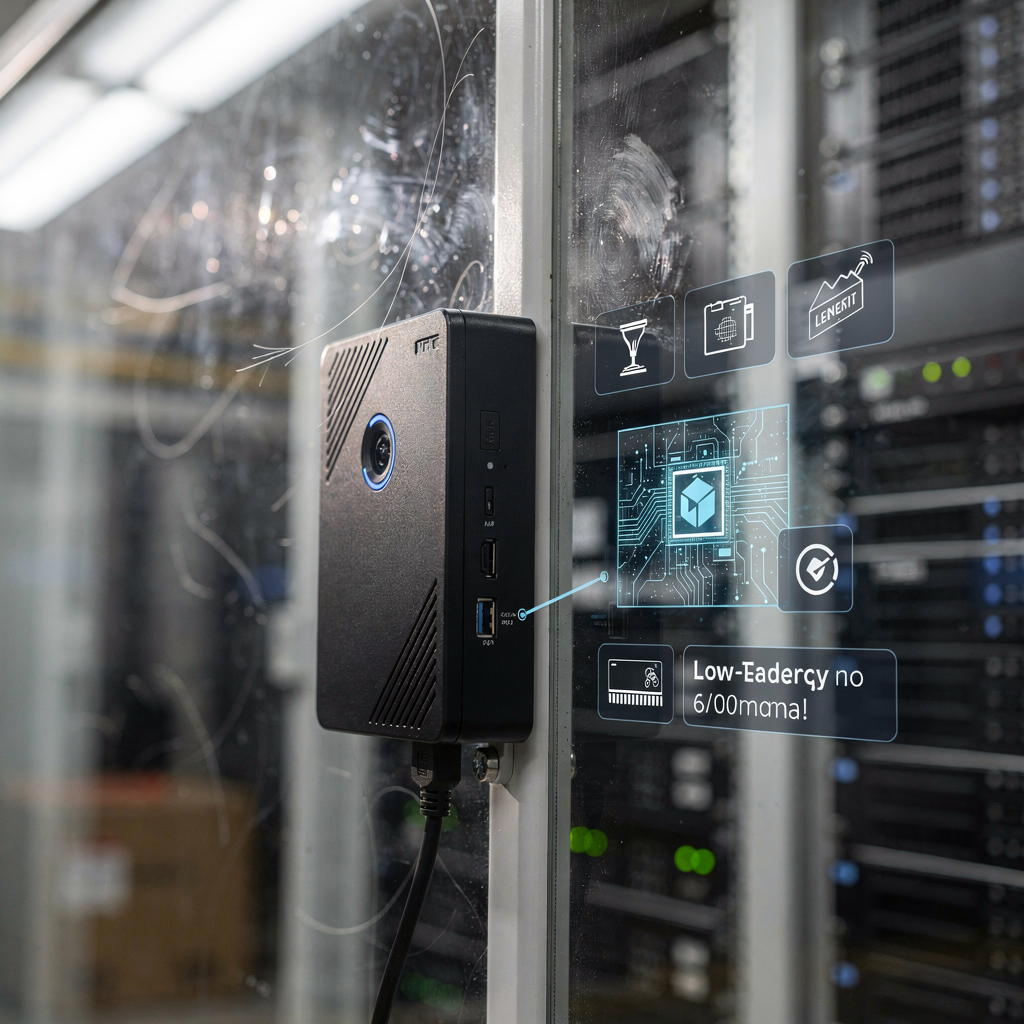 Edge AI device processing video A close-up of an edge AI device processing camera input with overlays showing detected objects and low-latency indicators, set in a server room environment